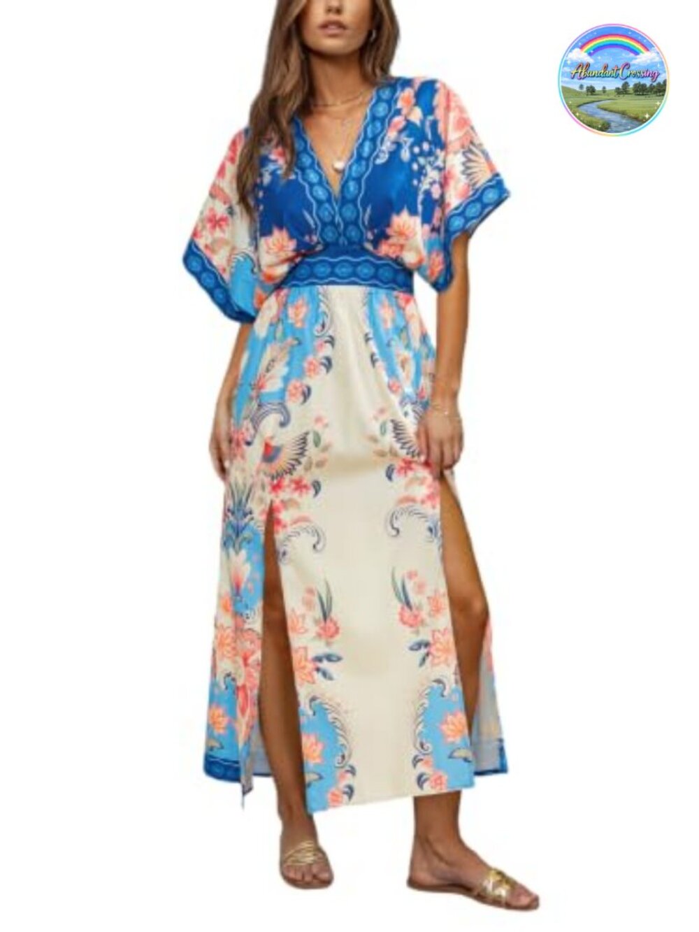 Women's Boho Floral Maxi Dress Plunging V-Neck Empire Waist Side Slit Short